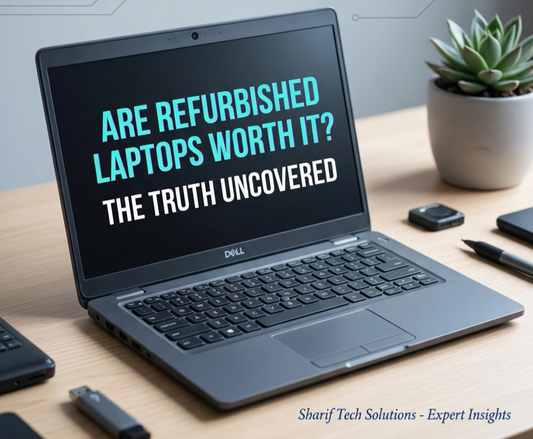 A professional Dell laptop on a clean wooden desk with a digital overlay reading "Are Refurbished Laptops Worth It? The Truth Uncovered" featuring a minimalist tech aesthetic.