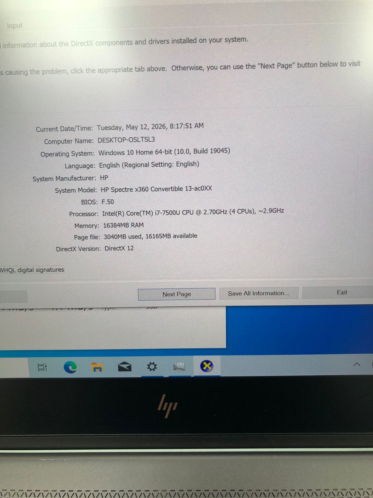 Computer screen displaying system information with HP logo at the bottom