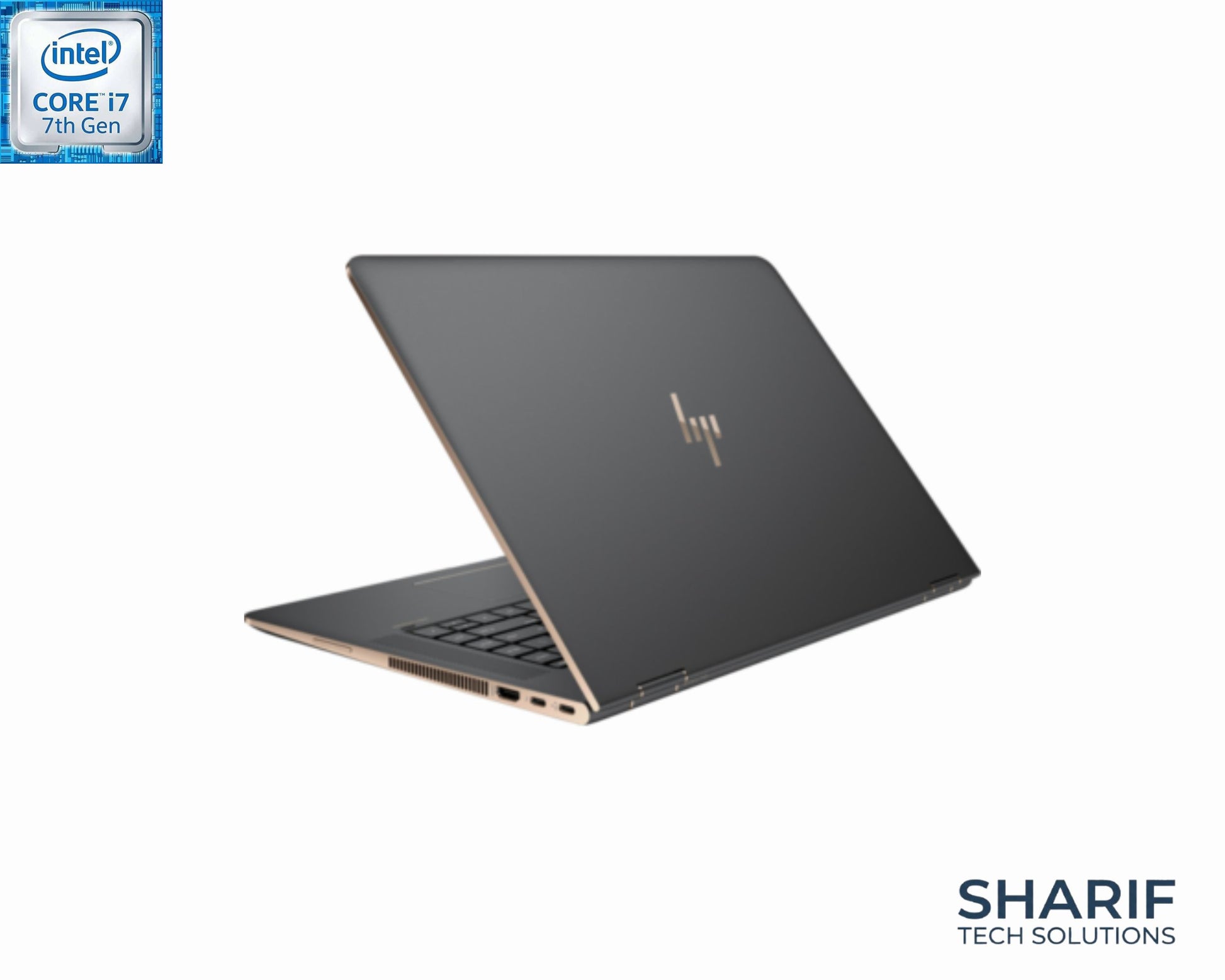 Laptop with Intel Core i7 badge and Sharif Tech Solutions logo on a white background