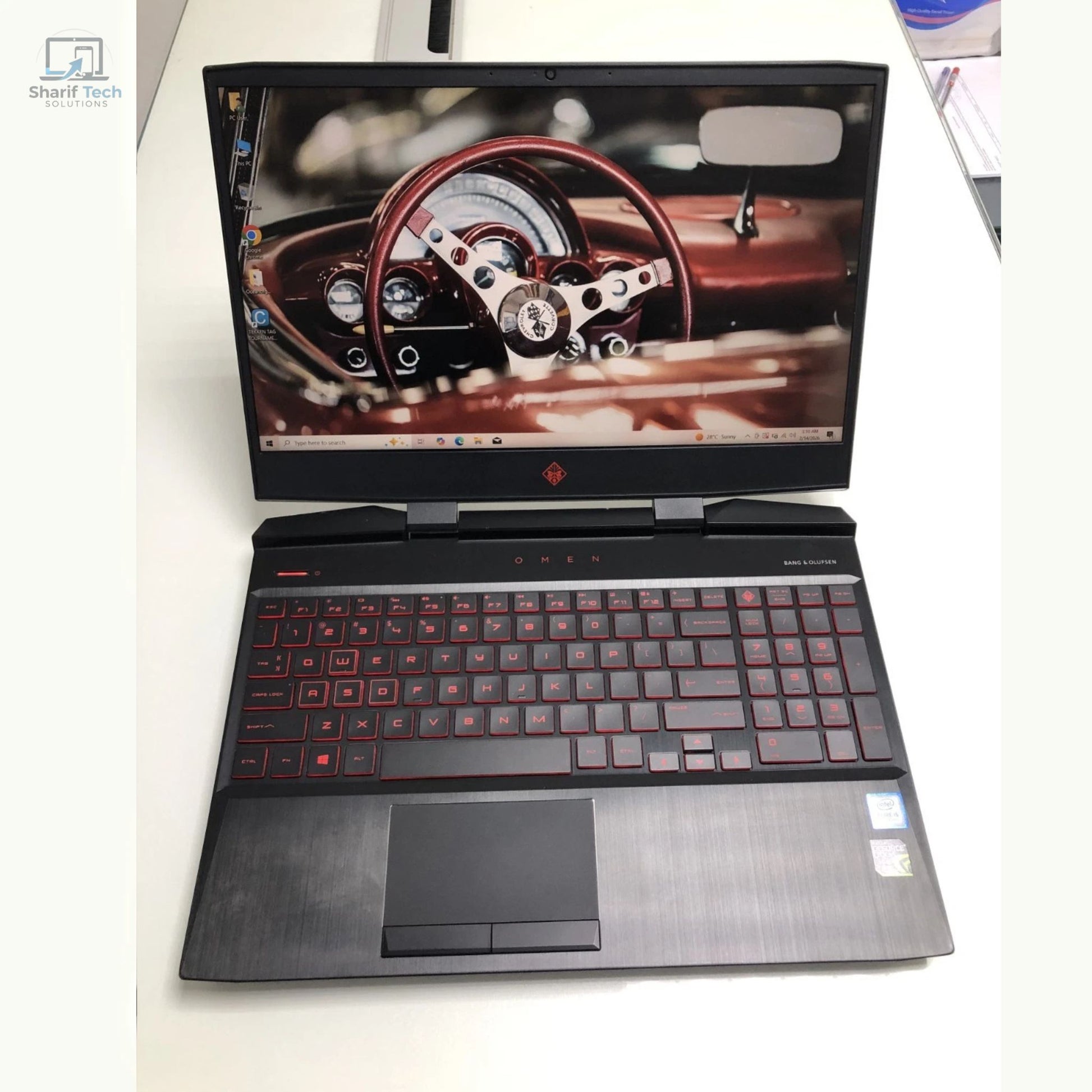 HP Omen 15 gaming laptop front view with display on